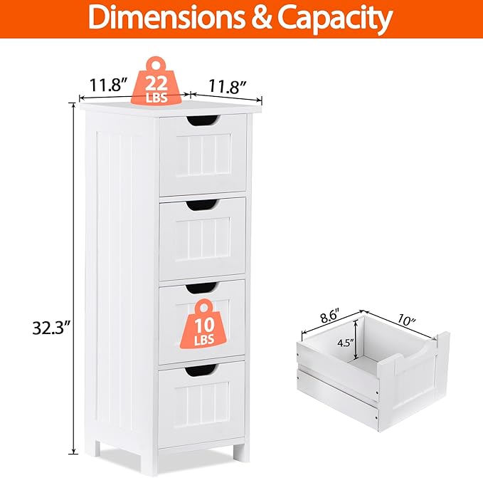 SUPER DEAL Small Bathroom Storage Cabinet with 4 Drawers, Freestanding Narrow Wooden Side Storage Organizer for Bathroom Hallway Living Room, White