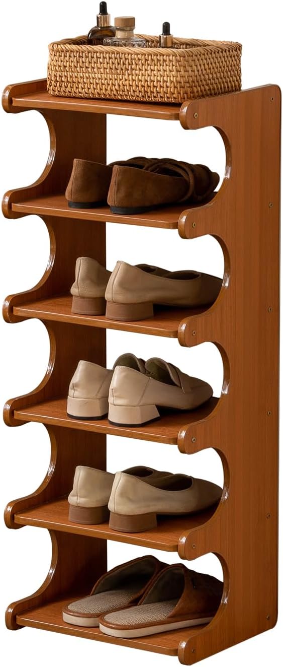 Tall Narrow Solid Wood Shoe Rack, 6 Tier Vertical Wooden Shoe Storage Tower, Freestanding Corner Multi-Layer Organizer for Entryway(12.6" L x 9.84" W x 32.1" H)