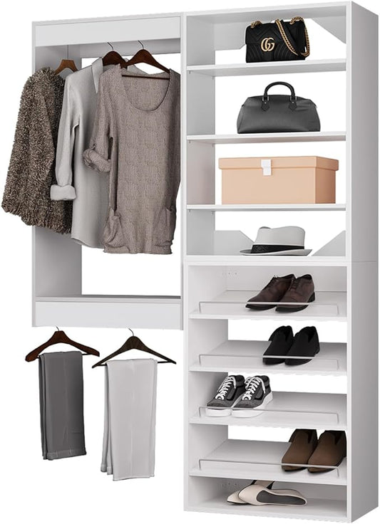 ROOMTEC Modular Closet System, 67" Wall Mounted Closet Organizer with Hanging Rods and Shoe Shelf, Wooden Tower for Walk-In Closets, Wardrobe Storage Kit, White