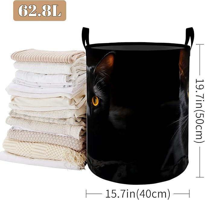 Realistic Black Cat Laundry Basket, Foldable Oxford Cloth, Waterproof Dirty Clothes Hamper with Handles, Clothing Storage Bucket Toy Organizer for Bathroom Bedroom Dorm, 19.7"x15.7"