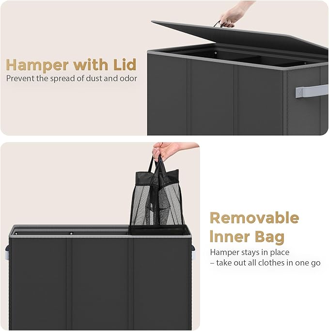 Optish 180L Laundry Hamper 3 Section, Large Laundry Hamper with Lid, Dirty Clothes Hampers with Handles, Laundry Basket Organizer for Laundry, Bedroom, Bathroom, Laundry Sorter Baskets, Black