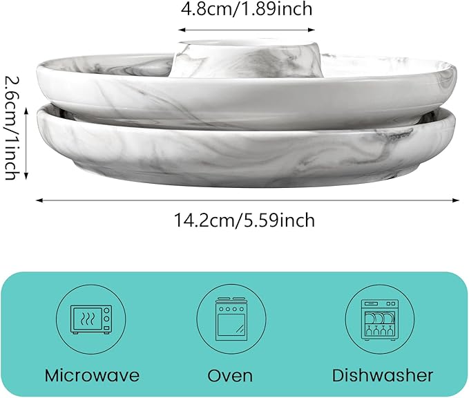 Cinf EggHolder & Spoon Set 2 Ceramic Egg Holders + 2 SS Spoons Breakfast Plate Marble 5.5'' Food Container Egg Tray Dinner Serving for Hard Boiled Eggs, Easter & Deserts Dish