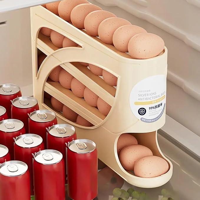 4 Tiers Egg Holder for Fridge， Automatic Egg Rolling Rack, 30 Eggs Storage Rack, Egg Distributor for Refrigerator, Egg Storage Rack for Kitchen (cream color)