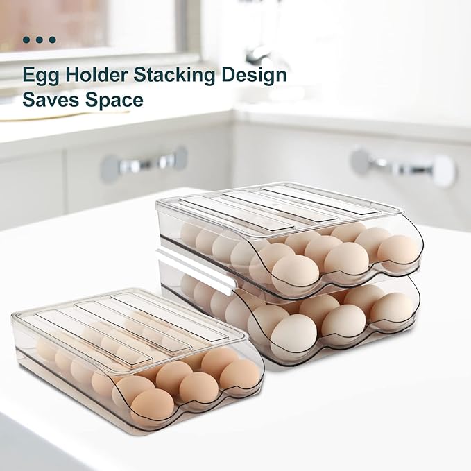 MesRosa Egg Holder for Fridge, Automatically Rolling Egg Storage Container for Refrigerator,Large Capacity Egg Organizer for Fridge with Lid,Clear Plastic Dispenser, Tray & Bin -1 Layer