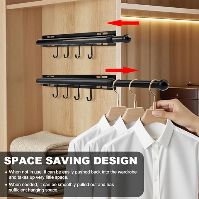 12 Inch Valet Rod for Closet Pull Out, Retractable Slide Out Clothes Hanger with 4 Hooks, Closet Rods for Hanging Clothes Laundry Room, Bedroom, Bathroom(COLOR:Black)