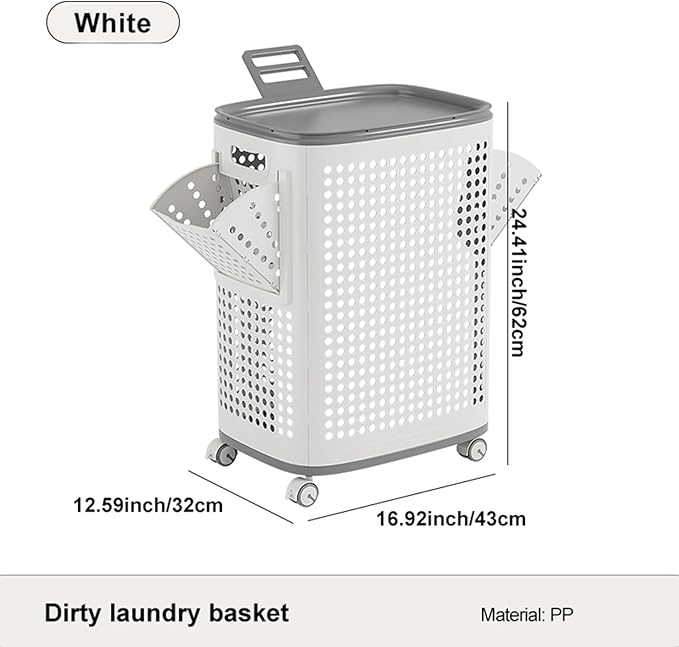 Plastic Laundry Basket with Lid and Wheels, Clothes Hamper with Side Compartments and Brakes, Portable Laundry Hamper on Wheels for Easy Mobility for Bathroom and Bedroom