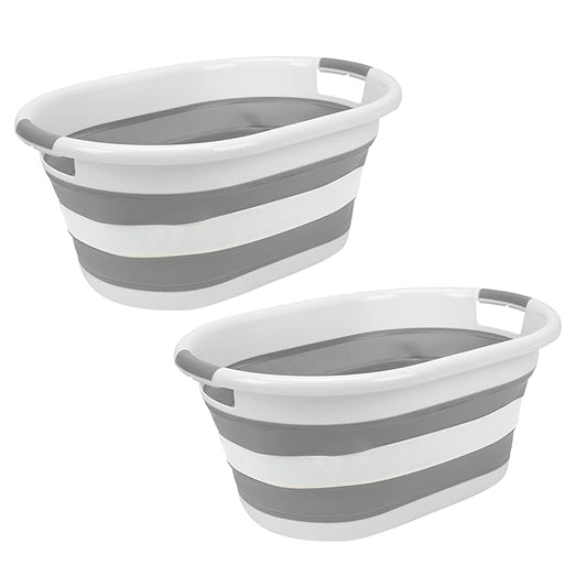 Laundry 360 2pk Collapsible Laundry Basket | Portable | Space Saver Storage | Hold 2 Loads | Store Under the Bed or Closet | Good for Kids | Dorm | Bedroom | Large | White/Grey