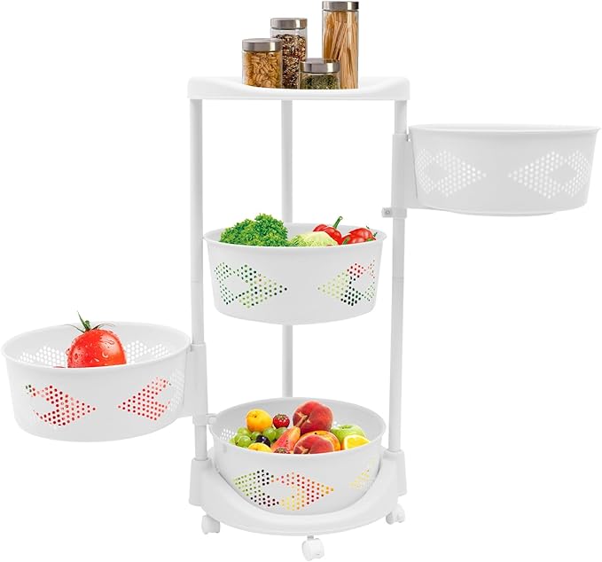 YIYIBYUS Round Metal Kitchen Storage Tower with 4 Removable Baskets, 360° Rotating Snack Organizer Cart on Locking Wheels, Multi-Level Space Saving Rack for Fruits Vegetables Bathroom Essentials