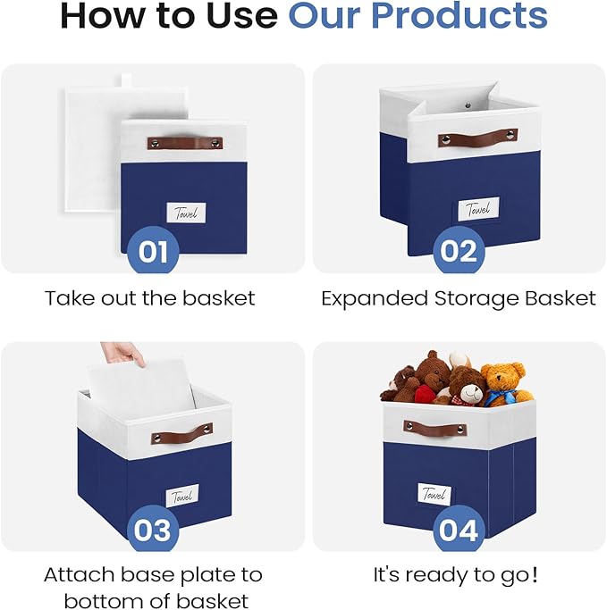 FinishingBo 6-Pack Storage Cubes with Handles & Label Holders Basket, Closet Cube Home Organizer Bins(White/Blue, 10.5 * 10.5 * 11 inch)