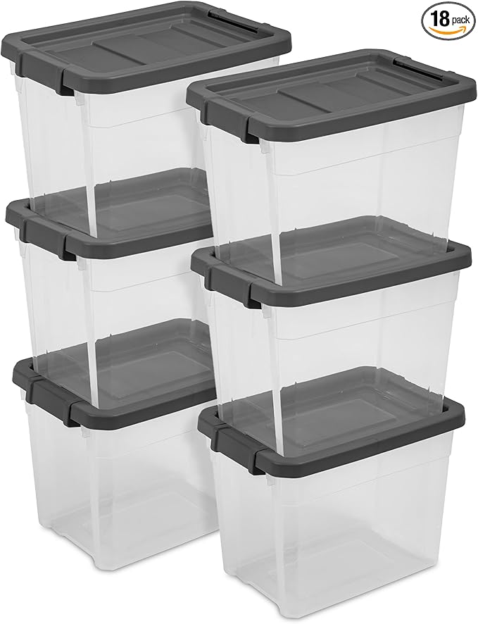 Sterilite 18-Pack Modular Stacker Box, Durable Clear Plastic Storage Bins with Latching Lids, 30 Quart - Stackable Organizing Container Boxes for Closet, Bathroom, and Office