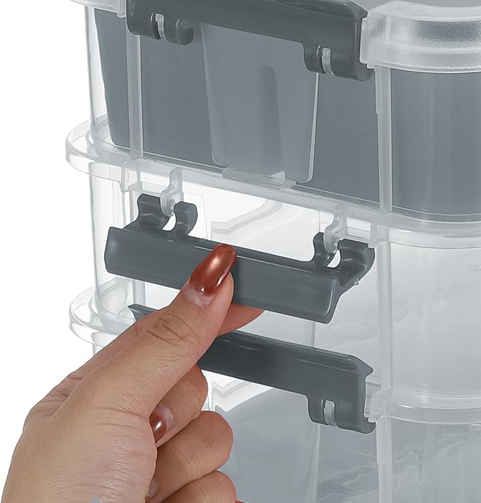 JUXYES 2 Pack 3-Tiers Stack Carry Storage Box With Divided Tray, Transparent Stackable Storage Bin With Handle Lid Latching Storage Container for School & Office Supplies, Dark Gray