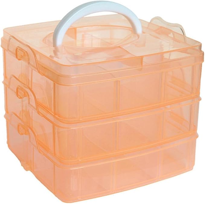 Kamay's 3-Tier Transparent Stackable Adjustable Compartment Slot Plastic Craft Storage Box Organizer Snap-Lock Tray Container 3 Sizes 4 Candy Colors Available (Medium 18 Compartment, Orange)