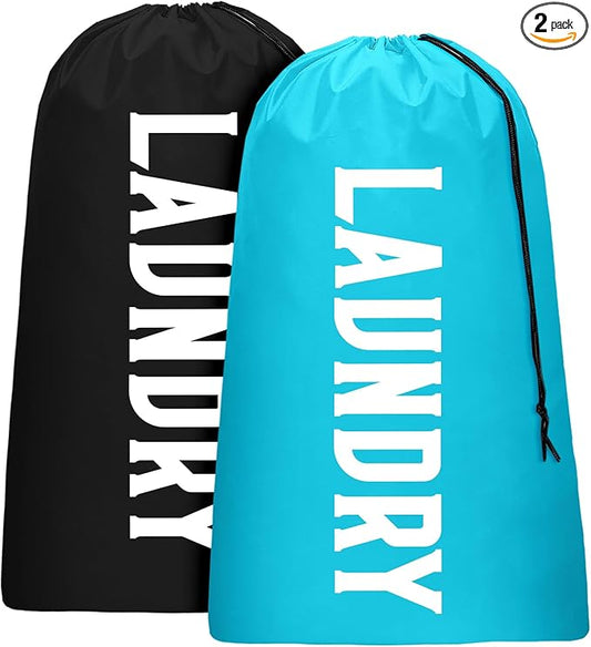 2 Pack XL Travel Laundry Bag, Machine Washable Dirty Clothes Organizer, Large Enough to Hold 4 Loads of Laundry, Easy Fit a Laundry Hamper or Basket (Blue + Black, 24" x 36")