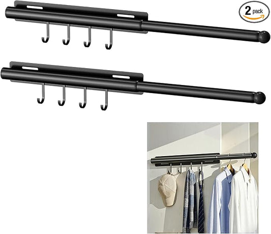 Lewondr Valet Rod for Closet Pull Out, 12" Adjustable Heavy Duty Extending Closet Rod, Valet Clothing Hanger Rods Extender for Wardrobe, Laundry Room, Bedroom, Bathroom, Black, 2 Pack