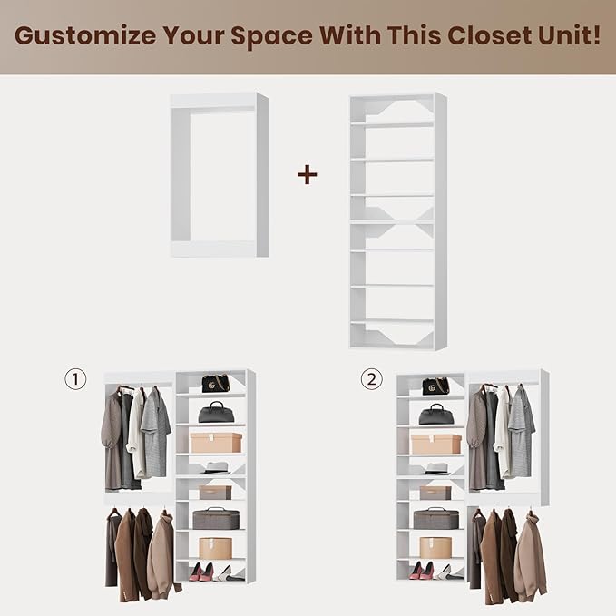 ROOMTEC Modular Closet System, 55" Wall-Mounted Closet Organizer with Hanging Rods and Shelves, Wooden Tower for Walk-In Closets, Wardrobe Storage Kit, White