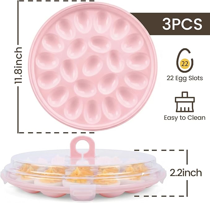 HANSGO Deviled Egg Containers with Lid, 3PCS Deviled Egg Platter Carrier Holder Trays with 66 Slots for Holiday Party and Home Kitchen, Pink