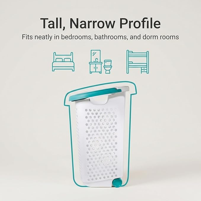 2 Bushel Rolling Laundry Hamper with Wheels & Retractable Handle, Large Capacity Plastic Laundry Basket on Wheels, Airy Hollow Design, White with Teal Accents, 15.47 x 20.11 x 25.00 Inches