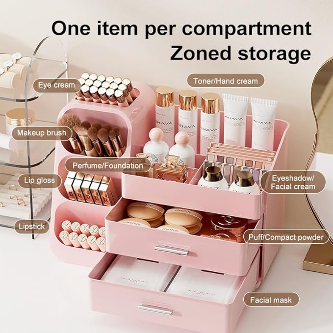 Booklov Makeup Organizer for Vanity, Large Capacity Cosmetic Display Case with Drawers, Countertop Beauty Storage Holder for Skincare, Brush Eyeliner Perfume Eyeshadow Lipsticks, Counter Desk, Pink
