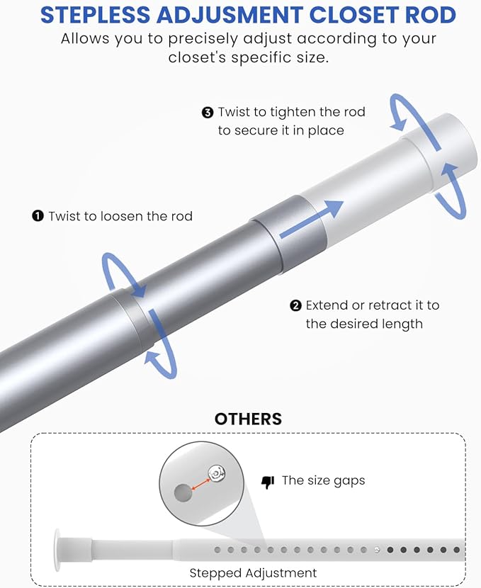 Supforce Closet Rods for Hanging Clothes, 17 to 99 Inches Stepless Adjustable Metal Closet Rod, 1.3 Inches Heavy Duty Clothes Hanging Rod for Closet Wardrobes Laundry RV, Silver