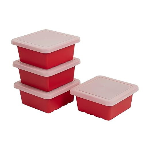 ECR4Kids Stackable Square Bins with Non-Snap Lids, Multipurpose Organization, Red, 4-Pack