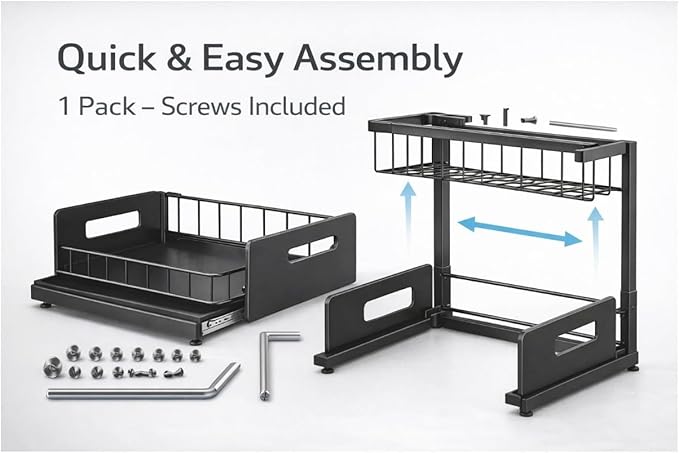 Under Sink Organizer 2 Tier Sliding Storage Rack – Carbon Steel Pull Out Cabinet Shelf for Kitchen & Bathroom, Heavy Duty Metal Under Cabinet Organizer.