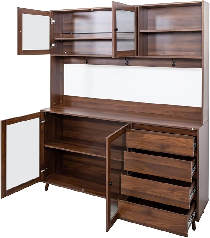 Farmhouse Kitchen Pantry Cabinet, 74.8" Tall Freestanding Cupboard with Multi-Tier Storage Rack and Microwave Stand for Kitchen, Dining Room, Walnut