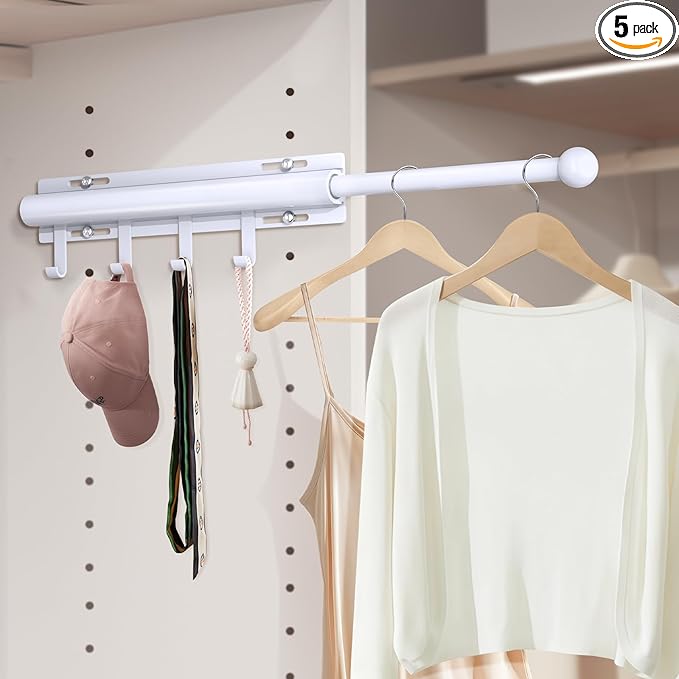 Supforce Valet Rod for Closets, 12" Valet Rod With 4 Hooks, Closet Organizer Slide Out Clothing Hanger Rods Extender Perfect for Suits,Dresses,Belt,Tie, White