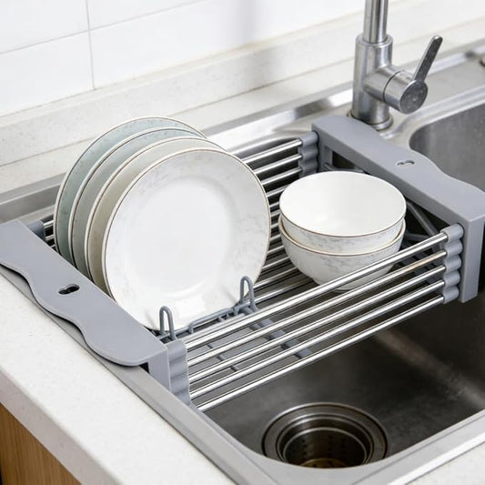 Adjustable Dish Drying Rack with Stainless Steel Drain Basket Over-The-Sink - Portable & Telescopic Space-Saving Solution for Fruit Vegetable