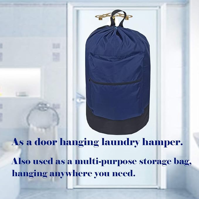 Washable Laundry Bag Backpack with Zipper Pocket, Heavy Duty Clothes Bag, 2 Strong Adjustable Shoulder Straps with Drawstring Closure for Travel, Camping or College, Navy Blue