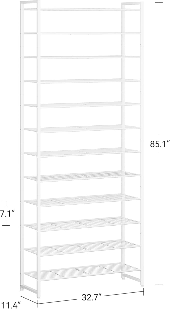 Nunsino Shoe Rack for Closet, Metal Shoe Organizer,12 Tier Garage Shoe Rack Max Holds 60 Pairs,Shoe Storage Shelf,Entryway, White