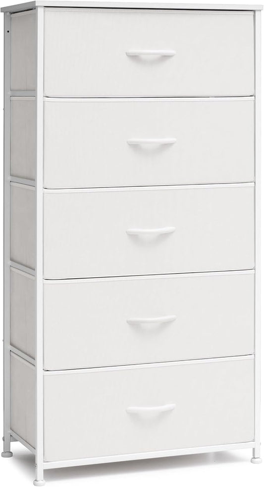 Crestlive Products Tall Dresser for Bedroom Vertical Storage Tower - Wide Fabric Dresser & Chests of Drawers for Closet, Hallway, Entryway w/Wood Top, Easy Pull Fabric Bins - 5 Drawers(White)
