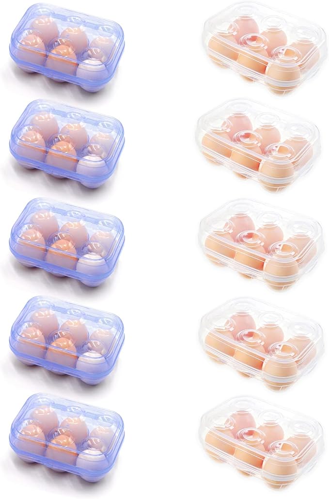 YOHA Clear Egg Storage Box Delicate 6 Girds Egg Dispenser Holder Case Refrigerator Crisper Camping Picnic Travel Portable Egg Carriage,Blue+Clear 10pcs Set