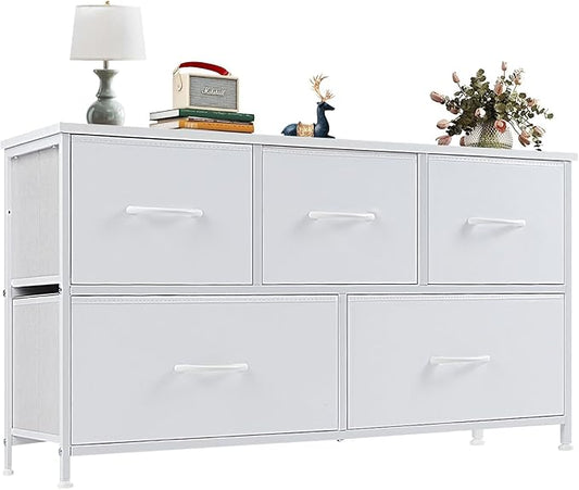 OLIXIS Dresser for Bedroom with 5 Drawers, Wide Chest of Drawers, Fabric Bedroom Dresser with Drawer Organizers, Storage Organizer Unit with Fabric Bins for Closet, Living Room, Hallway, Classic White