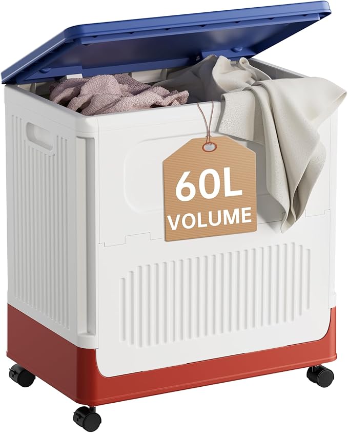 HAIXIN HOME 60L Kids Laundry Hamper with Lid, Cute Rolling Laundry Basket with Wheels & Handle, Slim Dirty Clothes Organizer for Kids Bedroom, Nursery, Bathroom, Closet, Tricolor