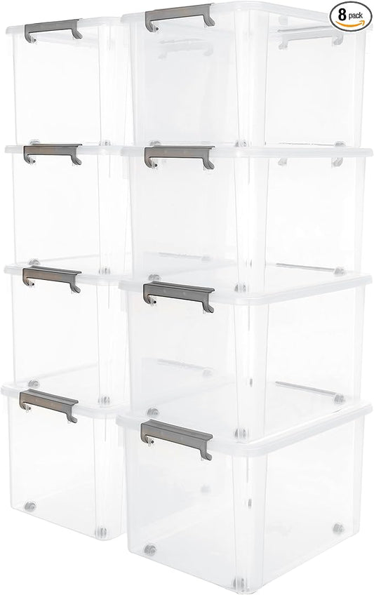 Citylife 58.1 QT Plastic Storage Bins with Latching Lids Stackable Storage Containers for Organizing Large Clear Storage Box for Garage, Closet, Kitchen, 8 Packs