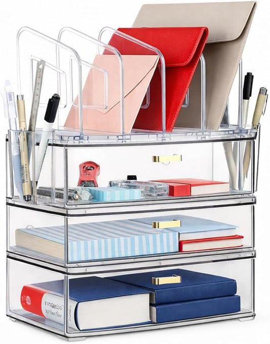 LALOBLUE Acrylic Desk Organizer with 4-Vertical File Holder Rack, 3-Clear Drawer and 2 Pen Holders, Desktop Storage for Office Desk Accessories School Classroom Organization (Clear)