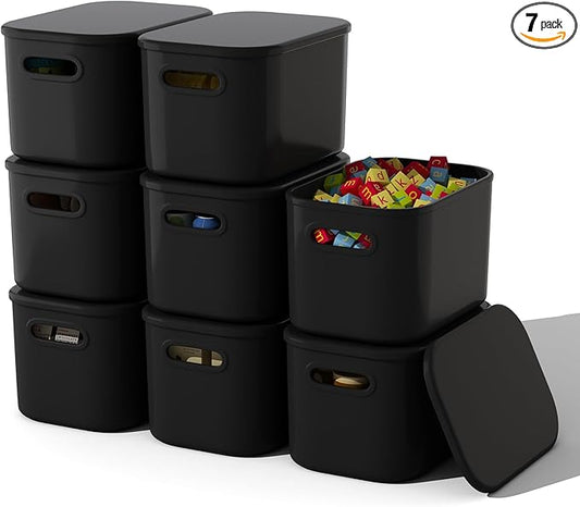 ORGIDOL 8 Pack Black Storage Bins with Lids Stackable Storage Container for Organizing, Black Storage Boxes with Handle for Shelves, Cute Organizer Bins for Craft, Snacks, 9.85x6.9x5.7 inch
