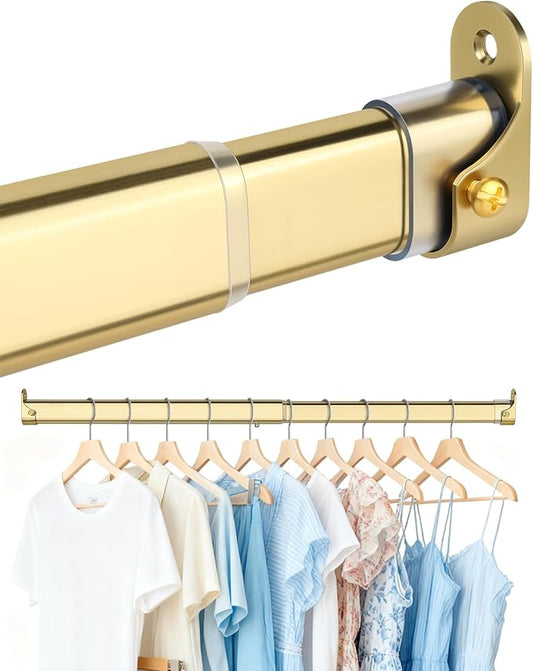 Oval Closet Rod for Hanging Clothes 18.2 to 31 Inch, Includes End Supports, Adjustable Wardrobe Tube, Heavy Duty Extendable Closet Pole, Carbon Steel, Gold