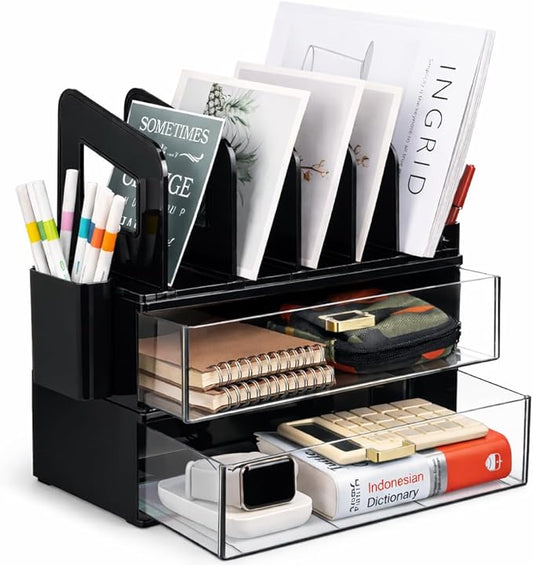 LALOBLUE Acrylic Desk Organizer with Drawer and Vertical File Holder, Desk Organizers and Accessories, Multi-Functional Office Supplies Organizer for Home or Work Desk, Black
