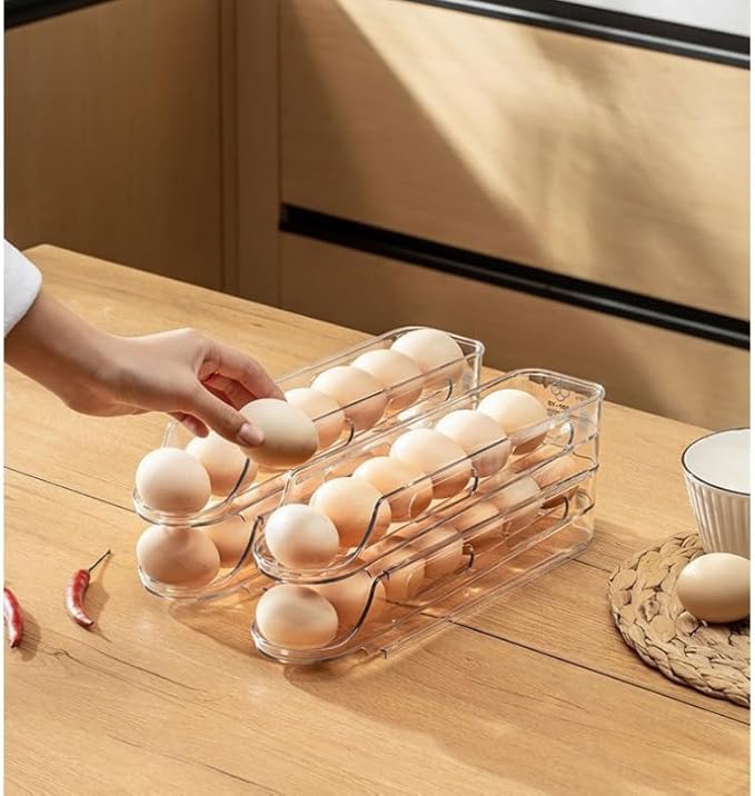 Egg Holder for Fridge,Stackable 1-4 Tiers Container,Auto Rolling Fridge Organizer for Refrigerator,Space-Saving Dispenser Holder,Refrigerator Egg Rack Transparent (3 Packs)