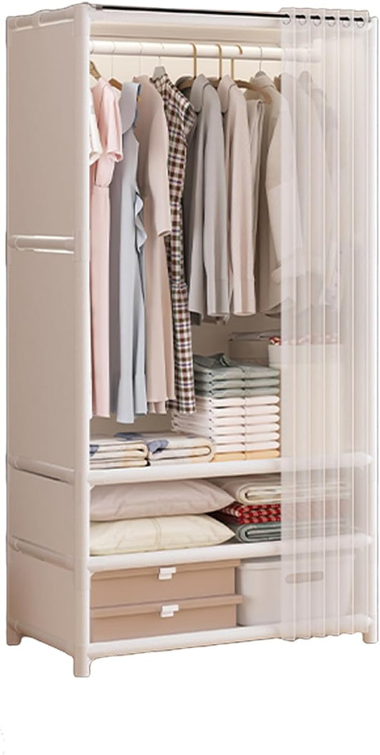 Portable Closet,Portable Closets for Hanging Clothes,Japanese Style Wardrobe with 1 Hanging Rods,2 Storage Shelves,27.5" L x 17.7" W x 65.1" H,White