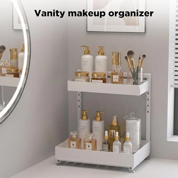 TATAANTY Under Sink Organizer 2 Pack, 2 Tier Metal Under the Sink Storage, Heavy Duty Slide out Pull out Cabinet Organizer, Height Adjustable Pull Out Cabinet Organizer for Kitchen Bathroom