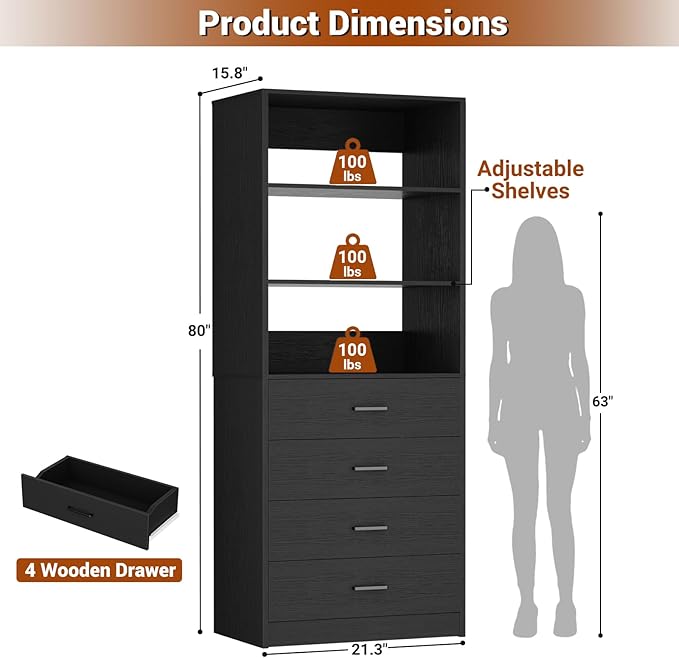 Aheaplus Closet Drawers Organizer System, 21.3" Wood Closet System with 4 Drawers, Modular Walk-in Closets Storage Unit, Tall Bookshelf Storage Cabinet, Black