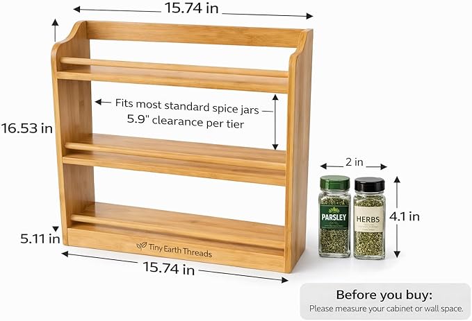 Bamboo Spice Rack Organizer – 3 Tier Bamboo Spice Rack Organizer – Countertop or Wall Mounted – Kitchen Spice Shelf Storage – Space Saving Organizer for Pantry & Cabinet