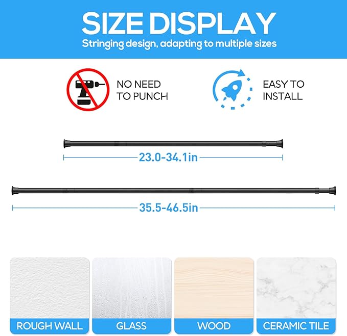Spring Tension Rods 24-46 Inch, 2Pcs Black Adjustable Tension Curtain Rod, Spring Curtain Rods No Drilling Expandable Pressure Spring Tension Rods for Curtains, Closet, Kitchen, Doorway