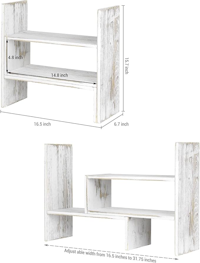 MyGift Adjustable Whitewashed Solid Wood Desktop Storage Organizer Display Shelf Book Rack, Office Desk Bookshelf