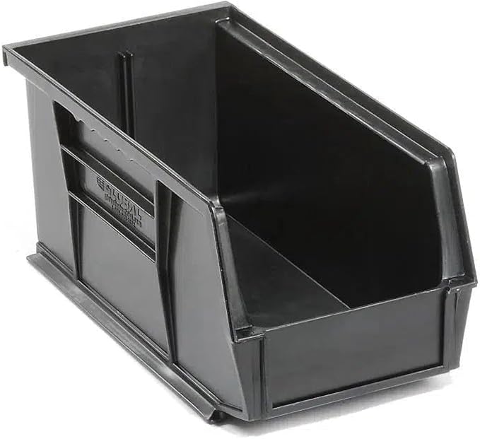 Quantum Storage QUS230 Heavy-Duty Stackable Plastic Storage Bins for Workshop, Warehouse & Garage, Ultra Stack & Hang, 10-7/8" x 5-1/2" x 5", Black, 12-Pack