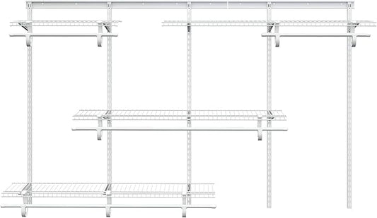 PROWORX 5-8 Ft Closet Organizer System, White Adjustable Custom Metal Wire Shelving Wall Mounted, Expandable Organization and Storage Shelf Kit with Hanging Rods