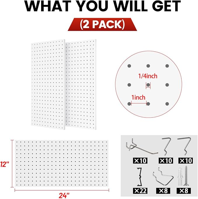 Pegboard, Metal Peg Board, 24x12 inch White Pegboard with 38 Pcs Hooks, Sturdy Peg Board for Garage Tool Organization, Home & Office Wall Decoration (White, 2 Pack)