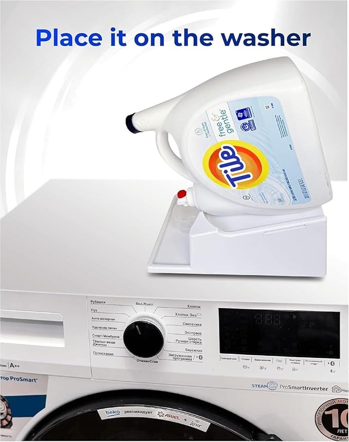 Skywin TidyFriend Liquid Laundry Detergent Holder Stand with Strap, Drip Tray & Rubber Feet, Stand for Laundry Room Organization and Storage, Fabric Softener Dispenser Holder for Easy Pouring (White)